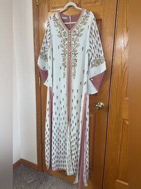 Kaftan White & Gold Beaded Formal Kaftan Dress Long Sleeves Maxi Abaya NEW Sz XL